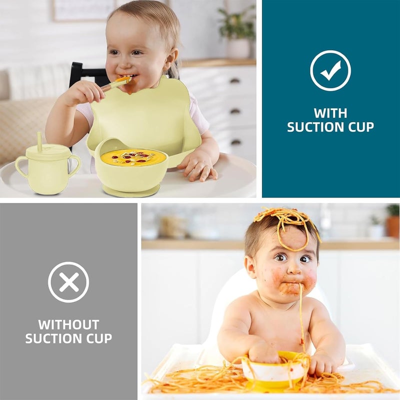 Dormlony 100% Silicone Baby Feeding Set,BPA Free Baby Dishes Set with Suction Bowl Divided Plate,Toddler Self Feeding Dish Set with Spoons Forks Sippy Cup and Bib, Baby Eating Utensils (Yellow) - Image 5